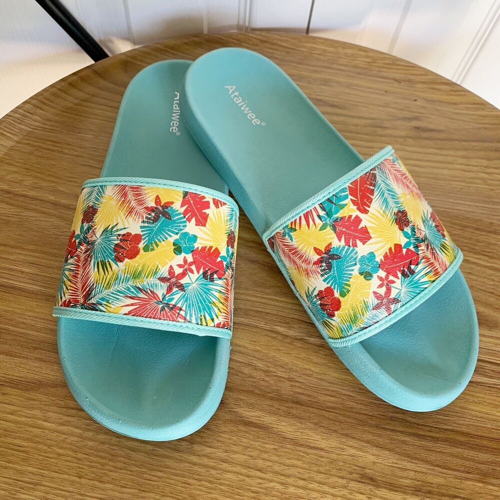 NEW Beach Slides Sandals Size 10 Sunset Palm Tree Blue Slip On Comfort Unisex - Picture 10 of 16